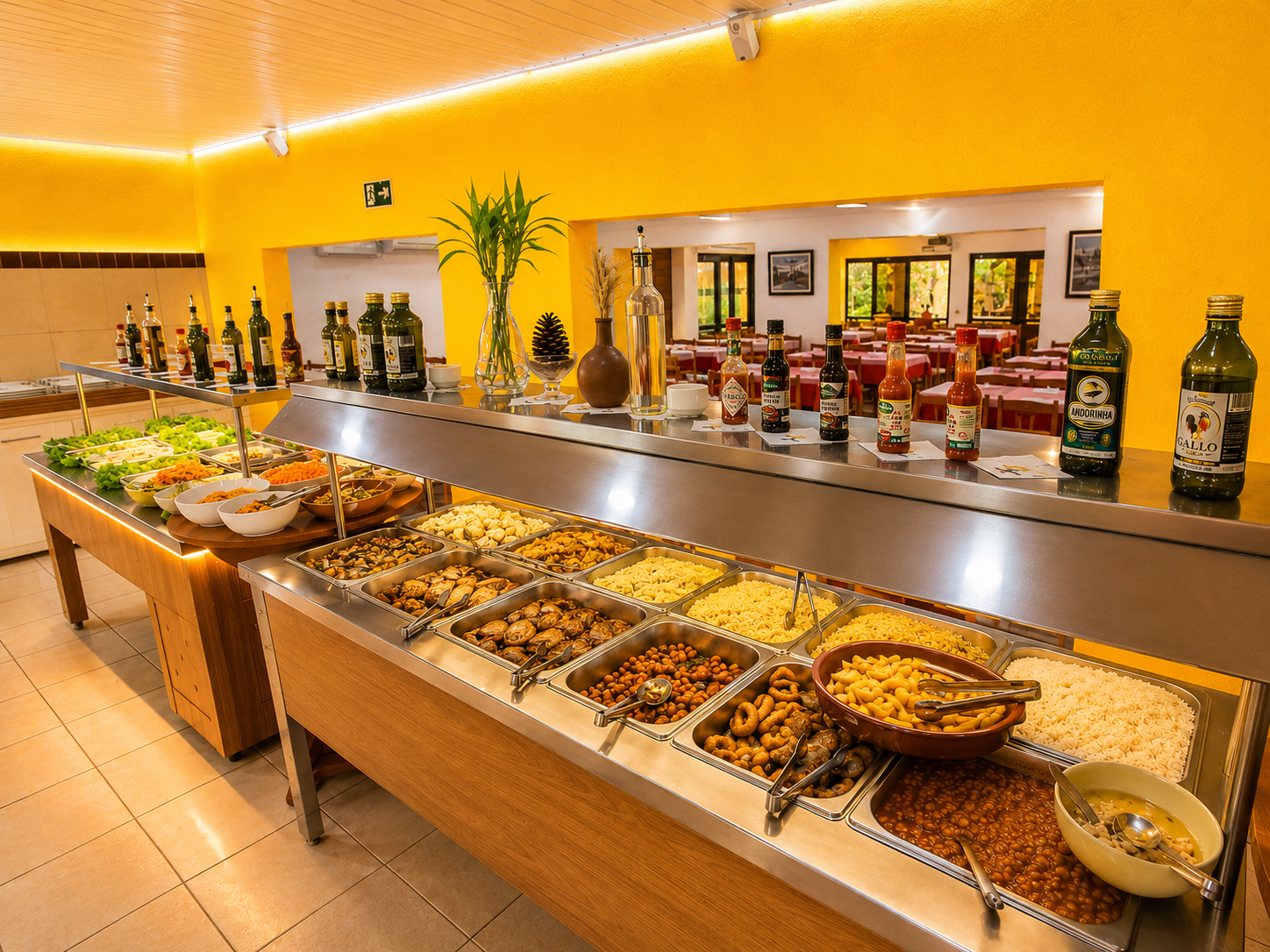 Vista do buffet interno com acompanhamentos e molhos